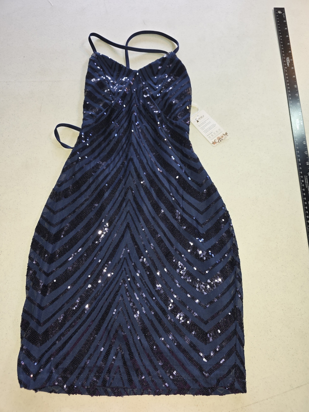 Navy Sequin Strappy Sheath Dress